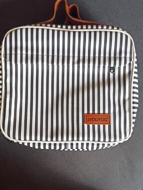 Striped Black & White Men’s Toiletry Bag with Brown Leather Patch